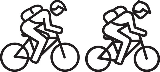 Two cyclists with backpacks riding bicycles icon set