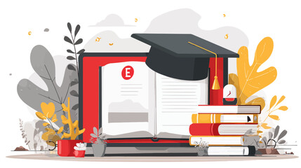 Online Education and E-learning Concept. Digital Learning Platform with Laptop, Books, and Graduation Cap Illustration.