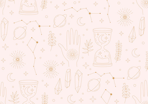 Seamless mystic pattern with sun, moon and stars, cosmos background in tarot style, space and abstract astrology magic sky