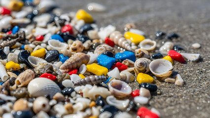 Colorful Painted Stones and Natural Sea Shells Scattered on a Sandy Beach at the Shoreline with Soft Sunlight and Water Reflections