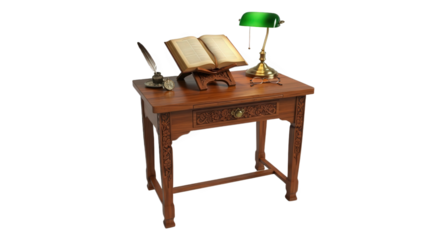 Wooden desk with book lamp and quill isolated on transparent background