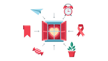 Love's View: A metaphorical scene, a heart-shaped beacon radiating warmth and affection, surrounded by symbols of life, care, and the simple joys of existence.
