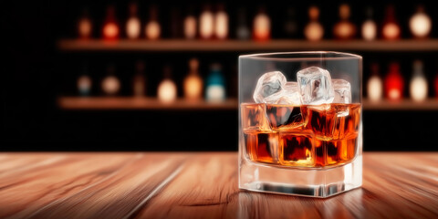 Whiskey glass with ice on a wooden bar counter, highlighting a classic alcoholic drink moment in a blurred bar setting