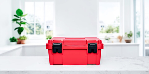 Red plastic toolbox sitting on modern white kitchen counter, symbolizing home repair, renovation, and DIY projects