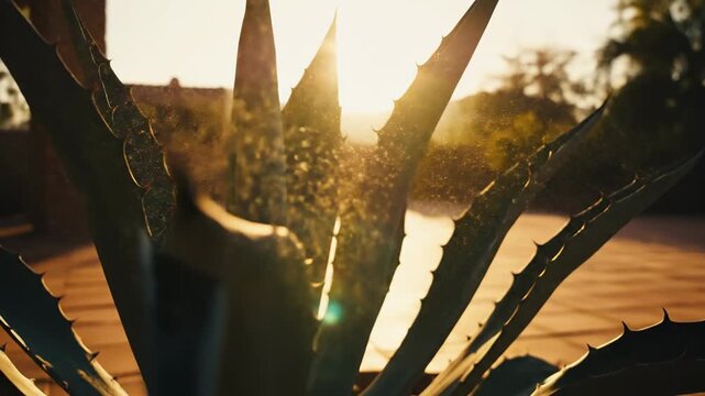 Agave plant bathed in golden sunlight during the sunset hours