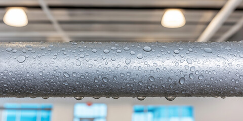 Condensation forming on a metal pipe, water droplets clinging and dripping creating a wet texture