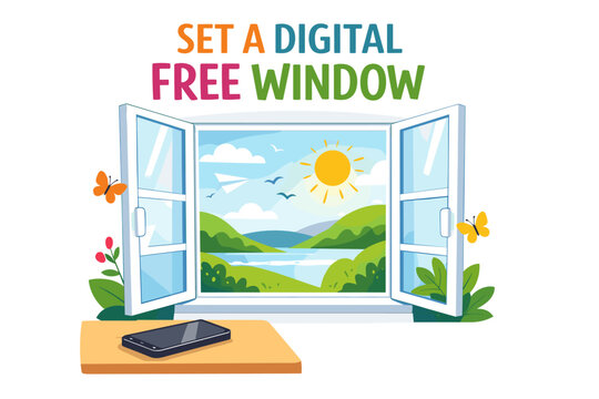 Open window with scenic view and smartphone on table