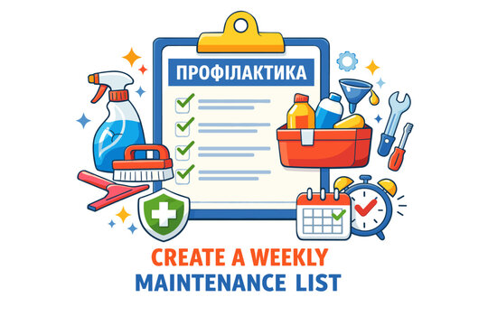 Weekly maintenance checklist with cleaning supplies and tools - Powered by Adobe