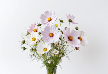 Cosmos bouquet on white background, classic arrangement, elegant composition