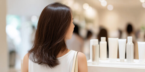 Woman browsing skincare products in a modern cosmetic store, focusing on eco friendly beauty and personal care