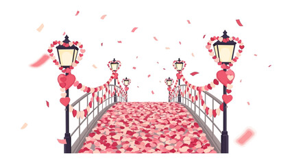 Pathway of Romance: A whimsical bridge, adorned with hearts and rose petals, exudes an air of romanticism, suggesting love, and celebration. A scene perfect for expressing affection and commitment.
