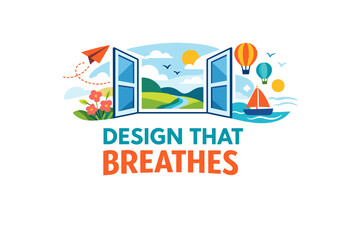 Fototapeta premium Colorful scenic with open window, balloons, and airplane