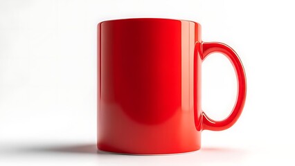 A vibrant, smooth red mug stands alone against a stark white background, casting a soft shadow. The handle is visible