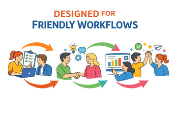 Collaborative teamwork with friendly workflow diagrams