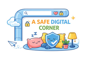 Fototapeta premium Cozy digital security concept with cute characters and secure internet elements