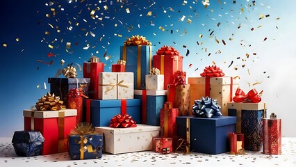 A vibrant stack of colorful wrapped presents under a flurry of golden confetti against a gradient blue backdrop