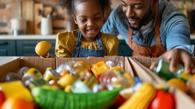 A happy father and daughter sort vegetables, illustrating family values, which would fit harmoniously into social advertising as a background.
