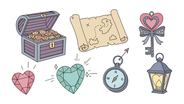 Treasure and Treasures Illustration: A captivating illustration that embodies the essence of discovery and hidden wealth, showcasing a chest overflowing with gold, an old map, sparkling gemstone.