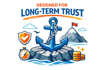 Long-term trust concept with anchor, mountain, and stopwatch