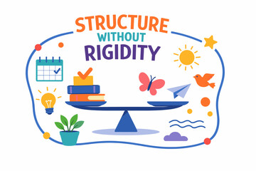 Balanced life concept with books, paper airplane, and nature symbols