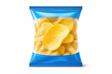 Potato chips bag with crispy snack, transparent plastic packaging and blue sealed edges, ready for branding
