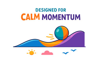 Fototapeta premium Minimalist art with vibrant colors showing ball on wave with sun and birds