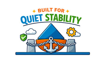 Anchor with chains symbolizing stability and security surrounded by clouds and gear icon