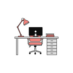 Modern office workspace with computer and desk lamp