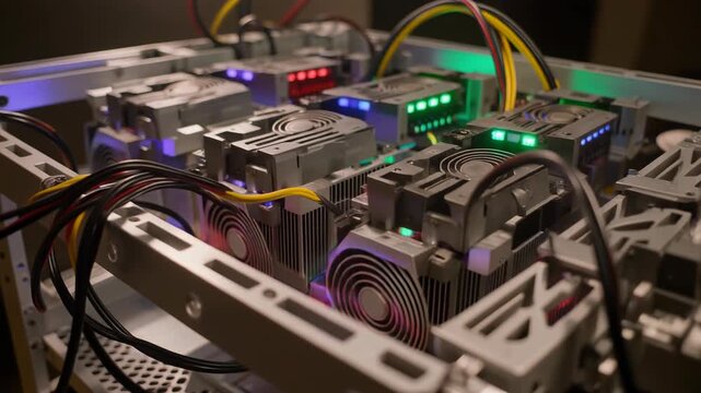 Server rack with illuminated cooling fans and colorful cables in a data center environment