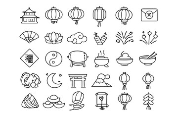 Naklejka premium Collection of Asian cultural icons in outline style