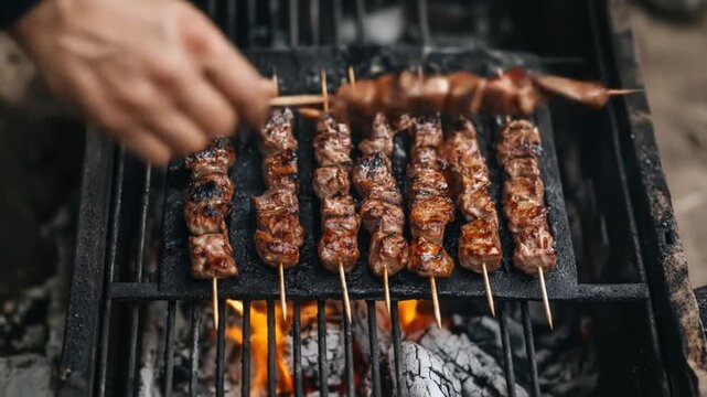 Grilling skewers overhead view with hands preparing food cooking outdoors