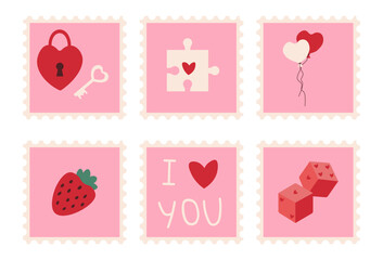 Cute Valentines day postage stamp set with heart lock, key, puzzle piece, balloons, strawberry, dice and I love you message on pink backgrounds, romantic icons for cards
