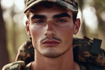 A close-up portrait of a young man in military style clothing outdoors. AI-generated.