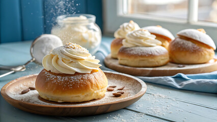 Semla or semlor, vastlakukkel, laskiaispulla is a traditional sweet roll baked in various forms in the nordic countries in sweden, finland, estonia, norway, denmark, especially shrove monday and shrov