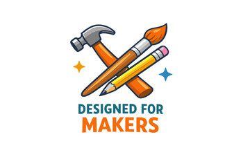 Crossed hammer, paintbrush, and pencil logo with designed for makers text