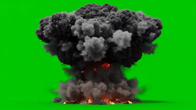 Dramatic visual of an explosion with billowing smoke and fiery flames on a green screen.