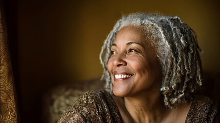 Senior black woman with gray dreadlocks smiling, feeling joy, looking away with a hopeful expression, representing wisdom, natural beauty, and positive emotion in a close up portrait