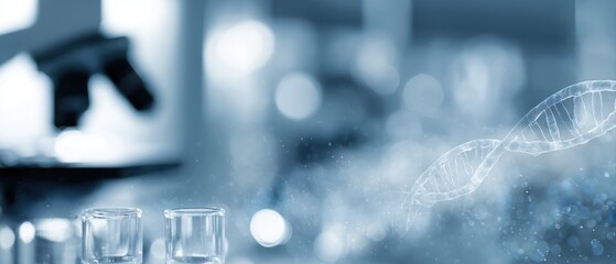 Biotechnology research lab with microscopes, test tubes, and DNA visualization overlay