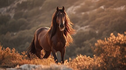 Wild horse standing gracefully in a natural landscape during sunset, its long brown mane illuminated by the warm golden light, conveying concepts of freedom and untamed spirit