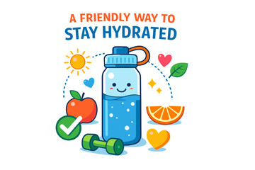 Smiling water bottle promoting hydration with fruits and exercise symbols