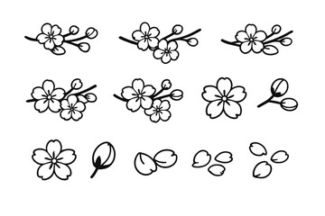 Collection of Cherry Blossom Icons and Petals on Dark Background