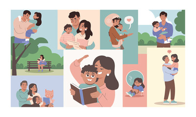 A diverse collage of various family moments showing parents interacting with their happy children