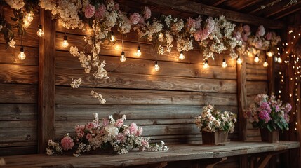 Rustic Wooden Background with Floral Arrangement and String Light Decoration