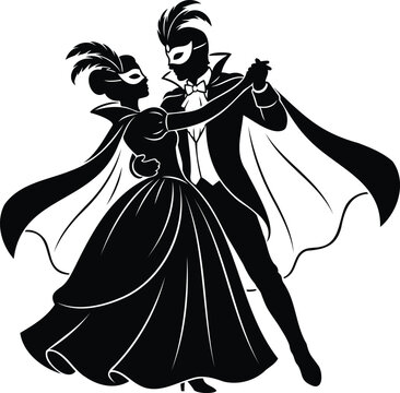black and white illustration of couple wearing masks and capes dancing together vector