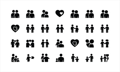 A collection of black silhouette icons featuring various people in pairs and symbolic heart shapes