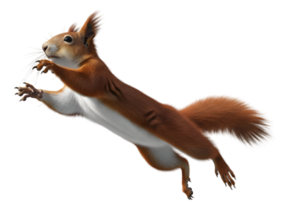 Cute Red Squirrel Jumping Flying Pose Dynamic Action Isolated on White Background