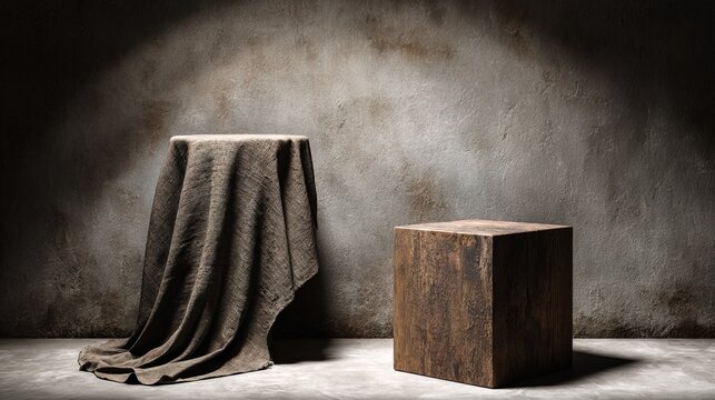Dark Minimalist Studio Setup with Fabric Drape and Wooden Block Stage