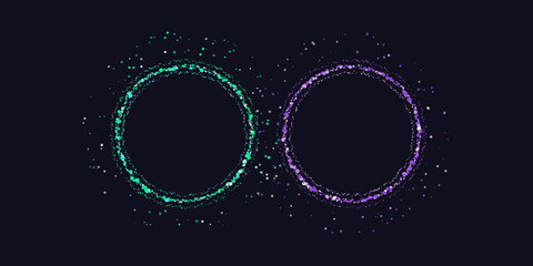 Two Glowing Cyan and Purple Cosmic Portals or Orbs with Particle Trails on Dark Background © Mehedi