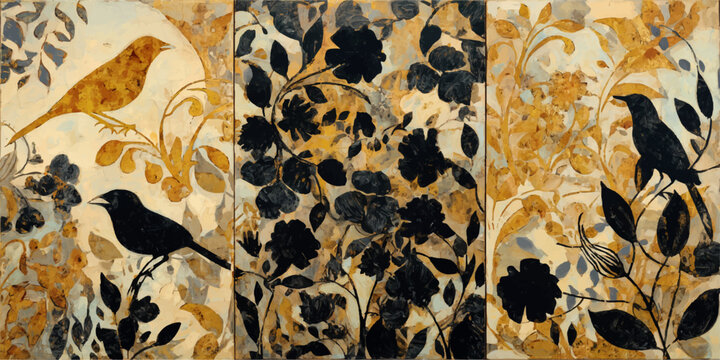 Vintage bird and floral pattern triptych