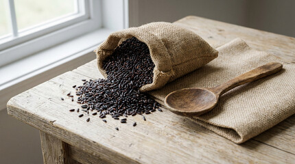Nutrient-rich black rice spilling from a burlap sack onto a rustic wooden table with a wooden spoon, emphasizing healthy eating and natural ingredients